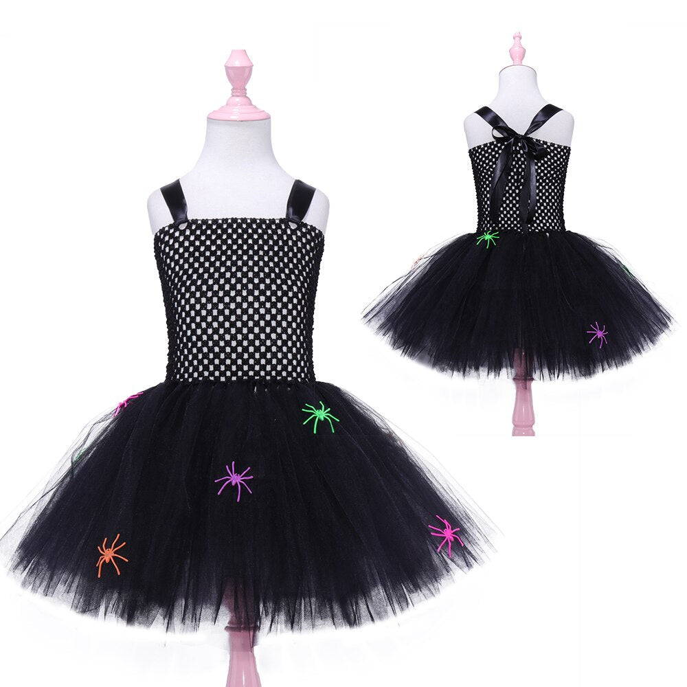 JazzHer Halloween Awakecrm Spider Witch Kids Halloween Costume Black Tulle Tutu Dress Dress Girl Carnival Party Dresses Children Evil Witch Cosplay Costume