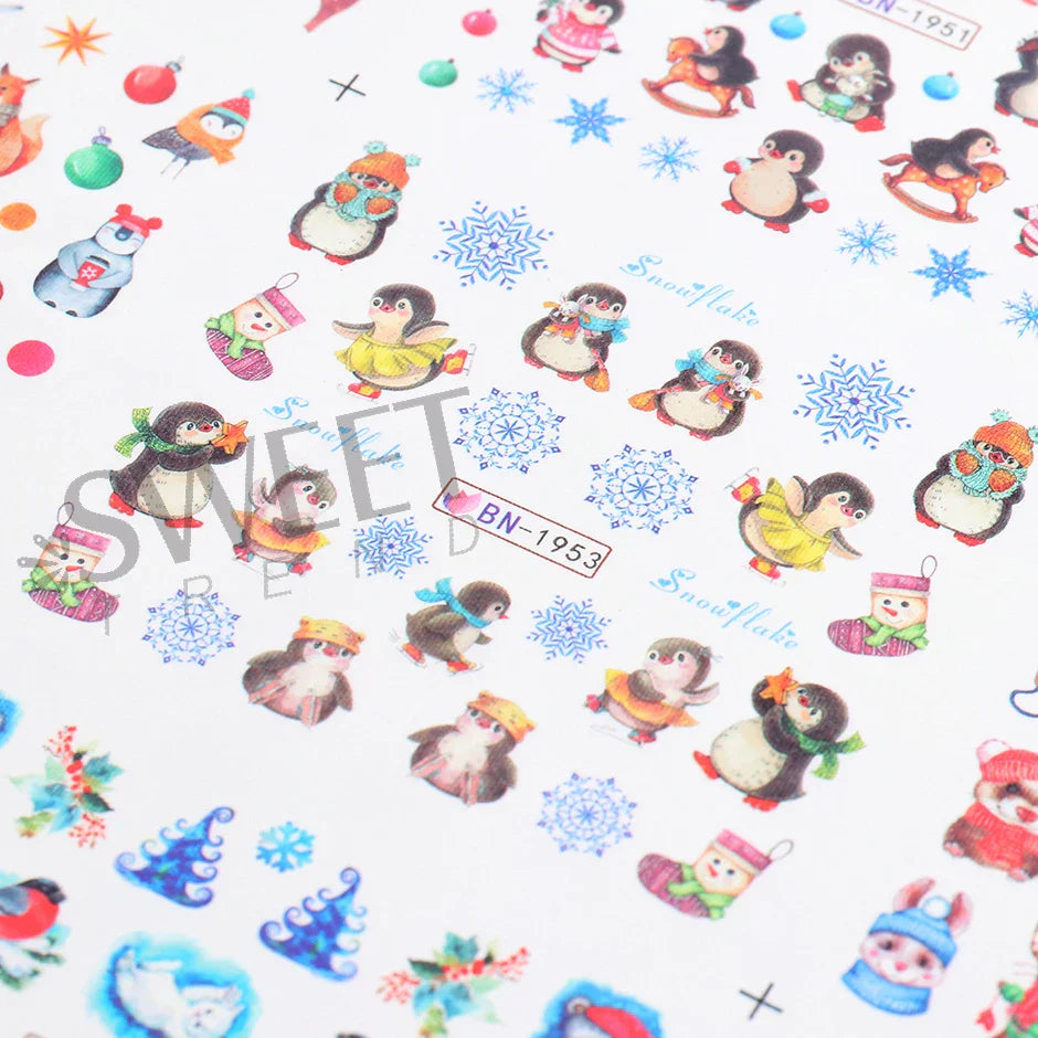 JazzHer 12pcs Cute Sweater Penguin Nail Water Decals Cartoon Cat Bunny Design Transfer Sliders Winter New Year DIY Decoration Wraps LYBN