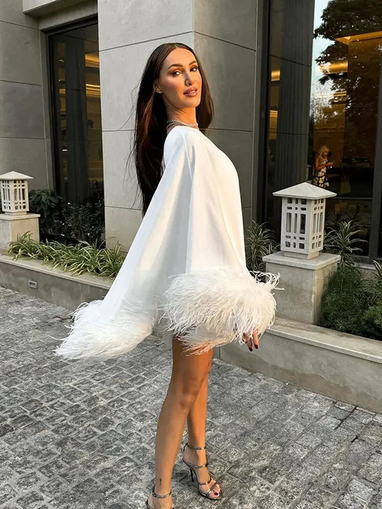 JazzHer Elegant One Shoulder Feather Spliced Mini Dress Sexy Backless Long Sleeves Loose Vestidos Elegant Lady Party Club Robes