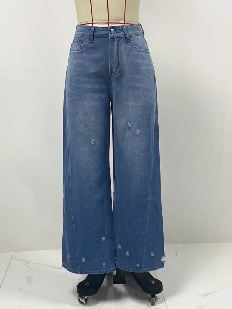 JazzHer Wide Leg Pants Ripped Hole Jeans Washed Denim Full Length Pants Spliced High Waist Zipper Fly Jean Loose Fit Basics Pockets