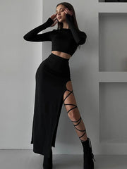 JazzHer Side Slits Lace Up Skirt Sets Sexy Slim Solid Bodycon Crop Tops Woman High Waist Maxi Skirts 2 Piece Suits Womens Outfits