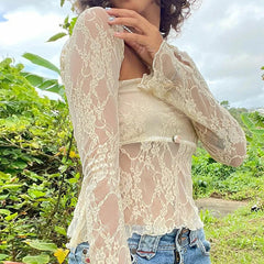 JazzHer 2 Piece Set Long Sleeve Shrug T-shirt Strapless Tube Tops Floral Lace Mesh Sheer Fairy Coquette Y2K Vintage Crop Tops Women