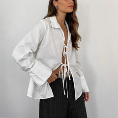 Black Friday JazzHer Hollow Out Lace Up White Cotton Linen Shirt Women's Long Sleeve Loose Casual Sexy Lapel Cardigan Top Female Summer new