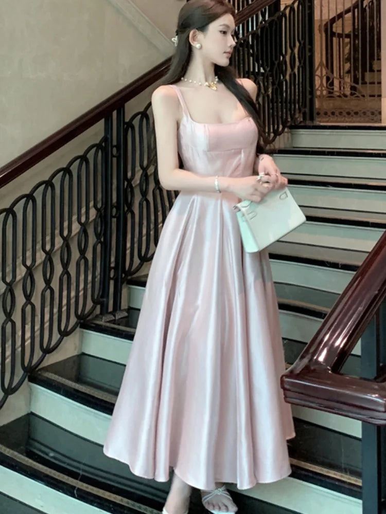 JazzHer Elegant Satin Midi Dresses for Women Sleeveless High Waist Evening Party Dress A-line Prom Robe Korean Fashion Summer Vestidos