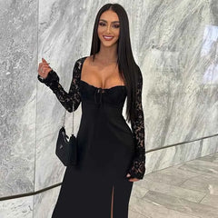 JazzHer Black Lace Up Backless Elegant Evening Party Dress Women Split Sexy White Dress Bodycon Maxi Long Autumn Dress Vestidos