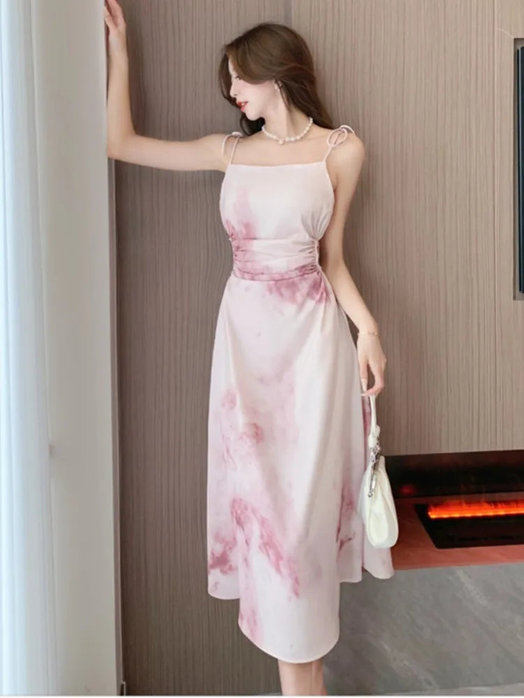 JazzHer 2023 Summer New Wedding Evening Party Midi Satin Dresses Women Elegant Strap Hollow Out Graduation Clothes Female Prin Vestidos