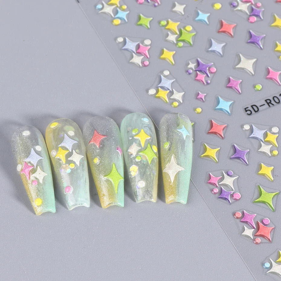 JazzHer 5D Relief Cute Y2K Star Nail Art Stickers Decals Stars Love Heart  Abstract Lines  Adhesive Letter Wraps DIY Manicure Decoration