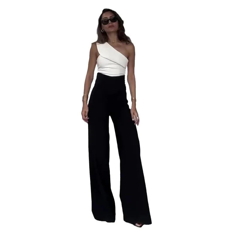 JazzHer Women Pant Sets Two Pieces Tops Skew Collar High Waist Full Length Wide Leg Pants Matching Sets Loose Pockets Office Lady