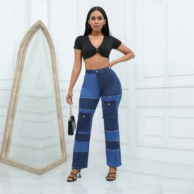 JazzHer Women Straight Jeans Denim Wide Leg Pants Patchwork High Waist Pockets Button 2024 Autumn Vintage Trousers Strecth Denims