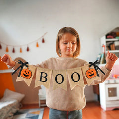 JazzHer Halloween Burlap Banner BOO Pumpkin Bunting Flag Rustic Hanging Garland for Home Fireplace Halloween Party Decoration Supplies