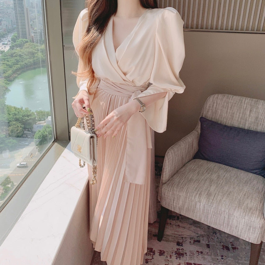 JazzHer Two Piece Sets Chiffon Dress Women Pleated Sexy V Neck Ladies Dresses Ruched Long Sleeve Spring Summer Woman Dress Vestidos