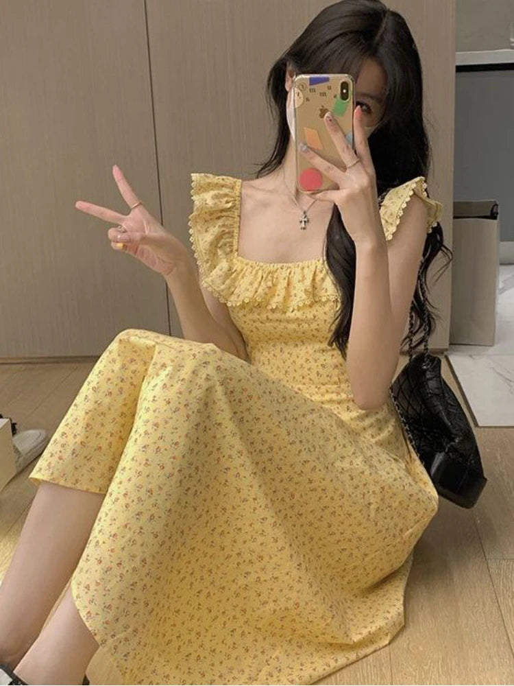 JazzHer Floral Midi Dress Women Ruffles Square Collar Hotsweet Aesthetic Summer Flying Sleeve Korean Style Simple All-match Holiday Girl