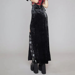 JazzHer Women's Gothic style dark bow suede double slit long skirt