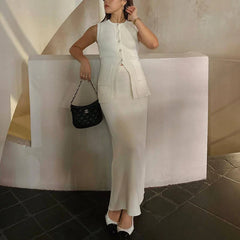 Black Friday JazzHer Summer Fashion Knitted Skirt Suit Sleeveless Vest Pocket Slit High Waist Long Skirt Elegant White Ribbed Knitwear Outfits