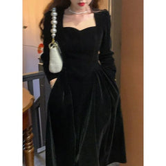 JazzHer Dress Women Autumn Long Dresses Solid Tight Waist Full Sleeve Square Collar Splice Pockets Vestidos Elegant Temperament A Line