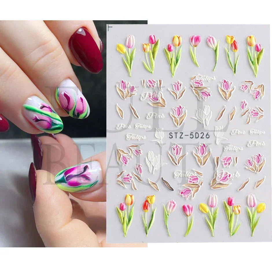 JazzHer 5D Snowdrop Embossed Nail Polish Stickers Summer Tulip Campanula Flowers Charms Decal Textured Manicure Acrylic Wraps LYSTZ-5D27