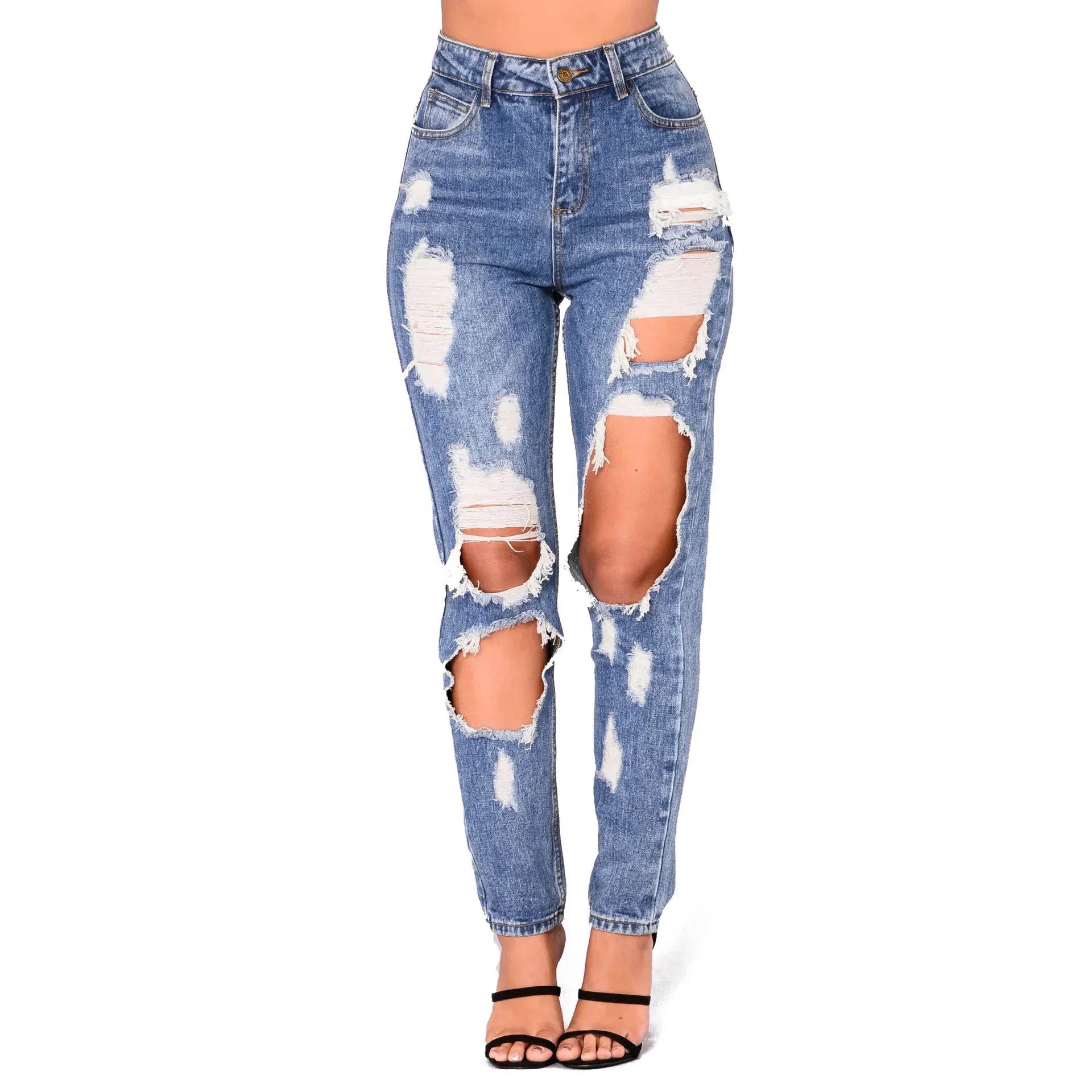 JazzHer Women Distressed Holes Jeans Washed Pencil Pants Pockets Zipper Fly High Waist Ankle Length Denims Streetwear Denim Trousers