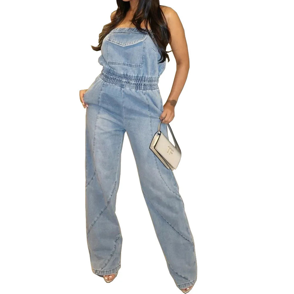 JazzHer Washed Denim Full Length Jean Overalls Women Jeans One Piece Strapless Vintage Sexy Backless Solid Spliced High Waist Loose