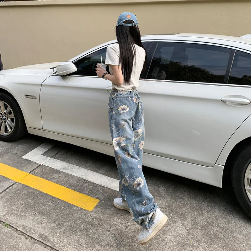 JazzHer Straight Pants Denim Buttoned High Waist Streetwear Jeans Vintage Slight Blue Jeans Long Y2k Work Summer Blue Jeans Capris