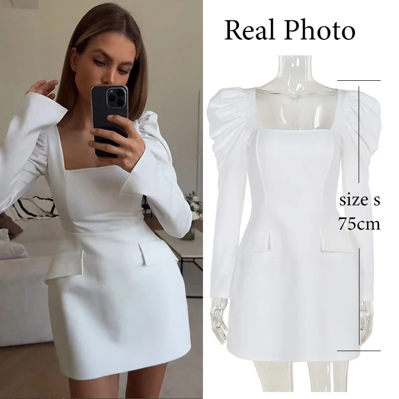 JazzHer White Long Sleeve Evening Party Dress Women Mock Pocket Robes Elegant Sexy Dress Bodycon Mini Autumn Dress Vestidos