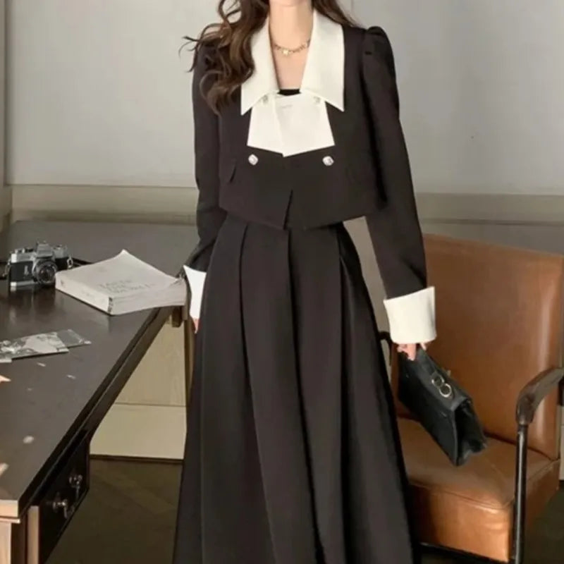 JazzHer-New Autumn Solid Skirt Suits Women Elegant Long Sleeve Short Coat Chic Midi Skirts 2 Pieces Set Female Fashion Party Outfits