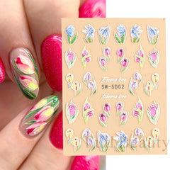 JazzHer 5D Textured Sunflowers Nail Manicure Stickers Embossed Tulip Butterfly Flowers Decal Decoration Engraved Sliders Wraps LYSW-5D04