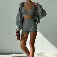 JazzHer-2024 Spring and Summer knitted zipper hooded cardigan sweatshirt V-neck bra high-waisted tight shorts casual three-piece set