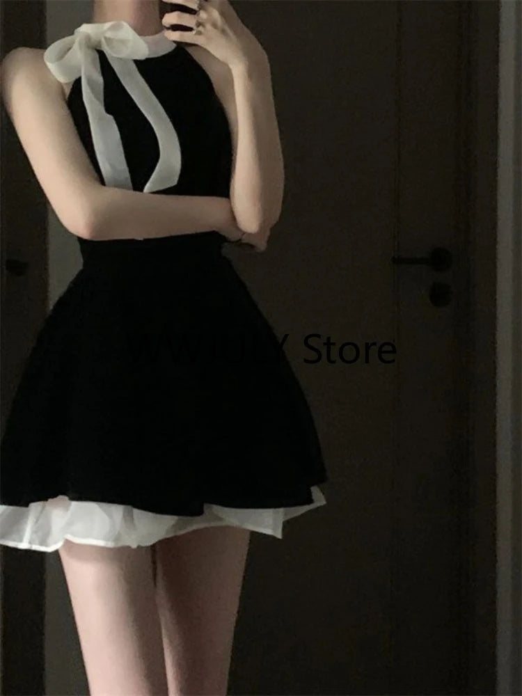 JazzHer 2024 Sexy Dress Woman Bow Bandage Sleeveless Slim Patchwork Black Mini Dresses Puffy Elegant Vintage Ladies Summer Fashion Chic