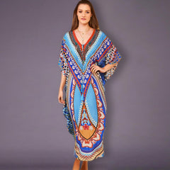 JazzHer 2024 Bohemian Printed Summer Holiday Dress Blue Tunic Women Beach Wear Kaftan V-Neck Bats Sleeve Maxi Dress Robe Q956