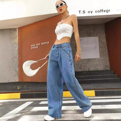 JazzHer Women Jeans Wide Leg Pants High Waist Streetwear Pockets Button Loose Fit Basics Trousers 2024 Autumn Female Casual Denims