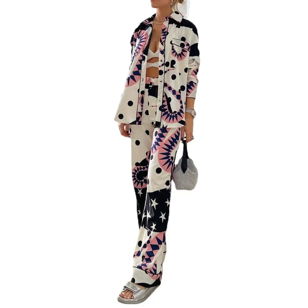 JazzHer Casual Loose Printing Two Piece Set Elegant Long Sleeve Single Breasted Shirt Wide Leg Pants Suit 2024 High Street Lady Outfit