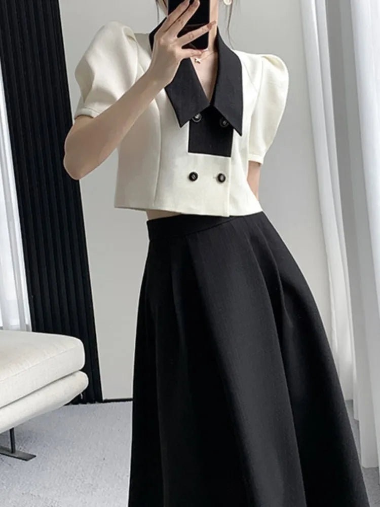 JazzHer French Elegant Two Piece Sets Vintage Office Lady Puff Sleeve White Crop Top + A Line Black Midi Skirts Suit Retro Summer Outfit