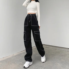 JazzHer Vintage Jeans Women Cargo Pants Denim High Waist Zipper Fly Pockets Button Floor Length Trousers Straight Streetwear Denims