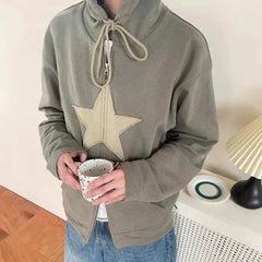 JazzHer 2024 Fall Fashion 2000s Retro Harajuku Grunge Sweatshirt Y2K Vintage Star Patched Zip Up Hoodies Korean Fashion Autumn Spring Outerwear Coat