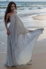 JazzHer-Photography Beach Dress Sexy Halter Pleated Dress Fancy Open Back Fairy Long Dress Large Swing Elegant Dress