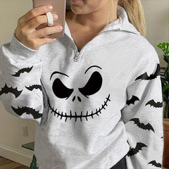 JazzHer Joskka Halloween Smiling Face Bat Print Women Sweatshirt Zipper Lapel Top Autumn Long Sleeve Fashion Casual Halloween Sweatshirt