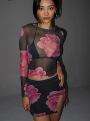 JazzHer 2024 Flower Print Matching Suit See Through Long Sleeve Top Camisas Mini Skirt Hole Bodycon Sexy Women Party Y2K