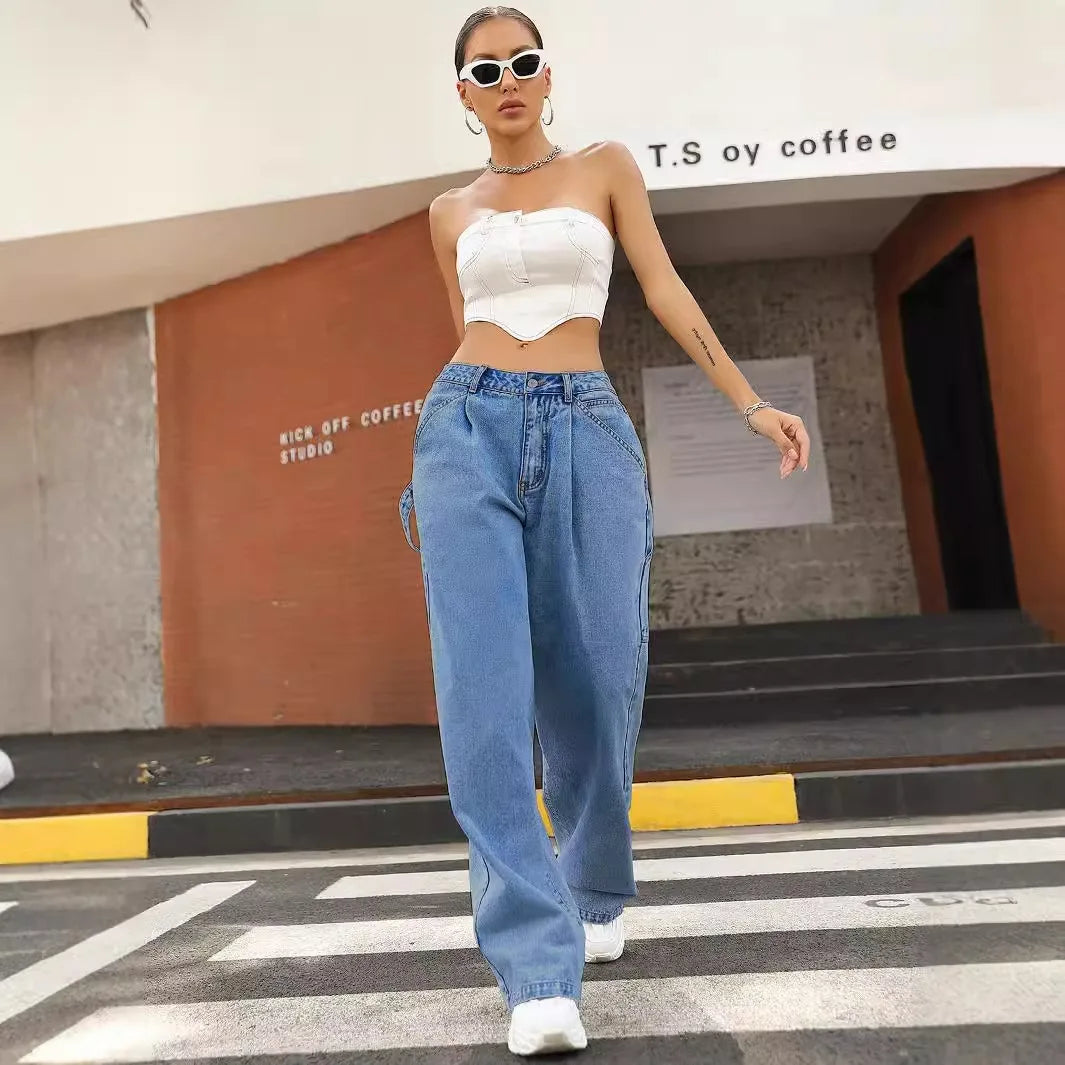 JazzHer Women Jeans Wide Leg Pants High Waist Streetwear Pockets Button Loose Fit Basics Trousers 2024 Autumn Female Casual Denims