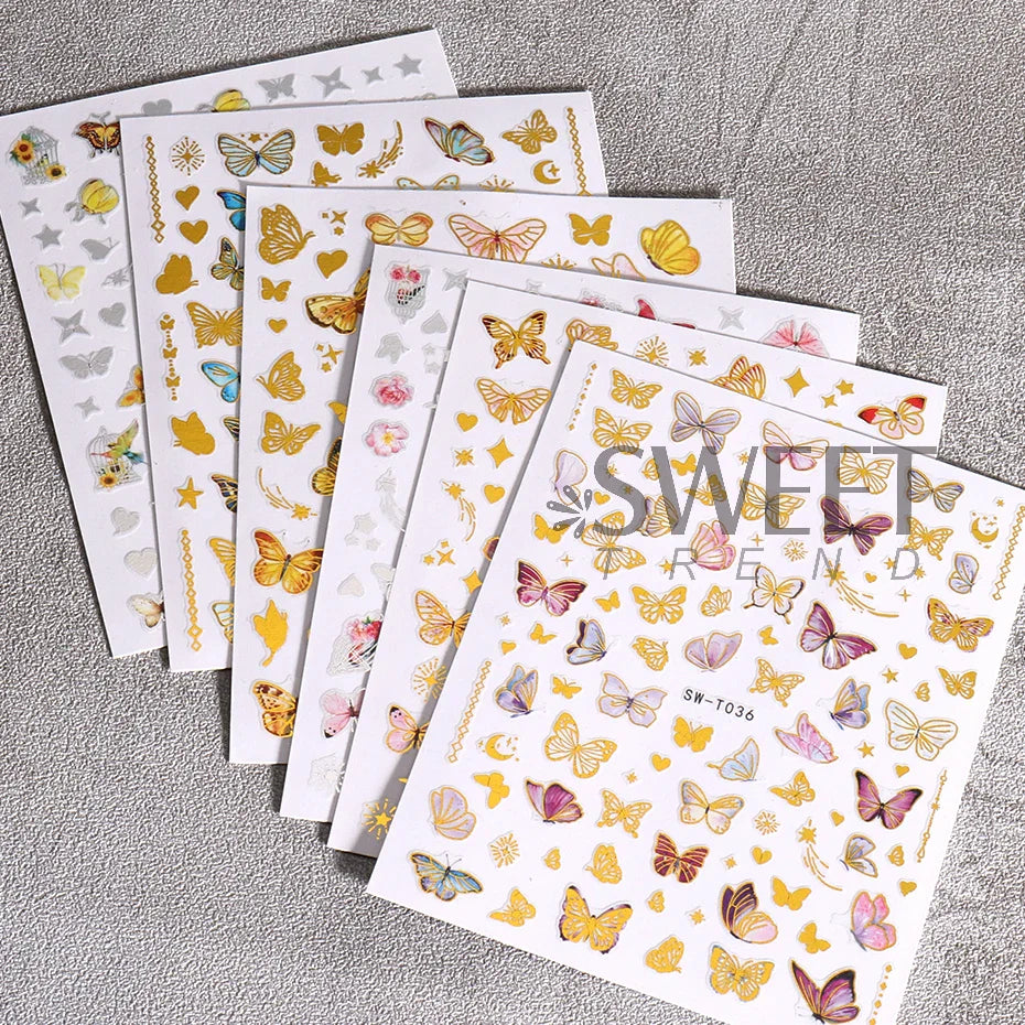 JazzHer Bronzing Golden Butterfly Nails Manicure Stickers Metallic Line Flowers Bird Spring Theme DIY Charm Adhesive Sliders Decor LYSWT