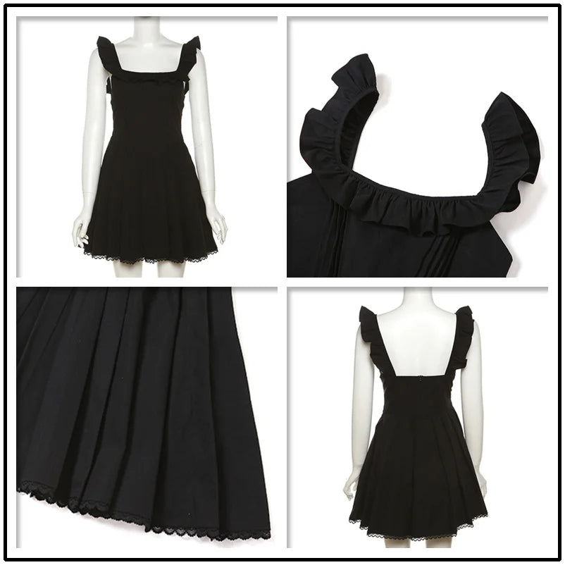 JazzHer-Townlike Black Ruffles A-line Dress Women Spaghetti Strap Mini 2024 Summer Dress Nightclub Sexy Party Dresses Vestidos