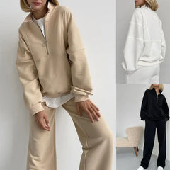 JazzHer 2 Piece Sets Women Casual Trousers Outfits Solid Color Sweatshirt Zipper Sweater Coat Wide Leg Pants Suit Autumn Tracksuit