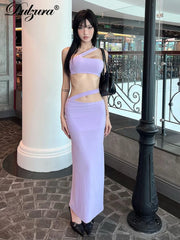 JazzHer Sexy Matching Suit One Shoulder Crop Tops Tube Sleeveless Solid Midi Dress Sets Women Clothes Party Club Streetwear Y2K