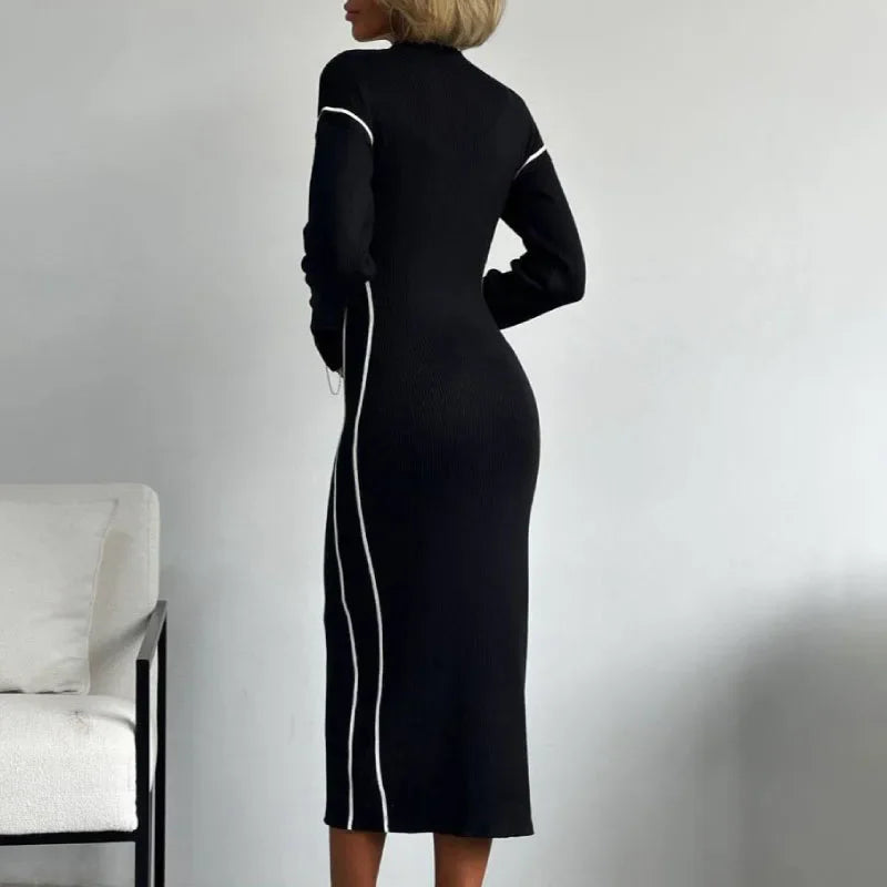 JazzHer Elegant Line Knitted Dress For Women Slim Fit Hip-Covering Long Sleeve Round Neck Long Dresses 2024 Autumn Commuting New