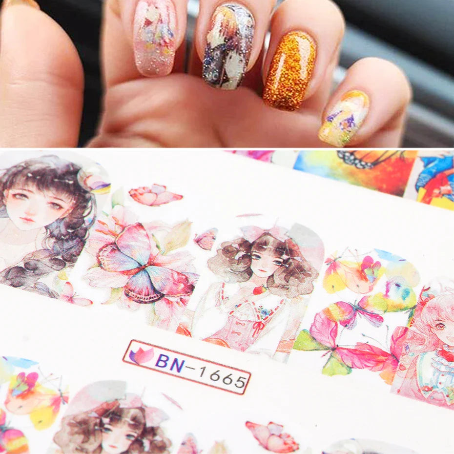 JazzHer 12 Designs Charm Anime Girl Nail Water Decals Goddess Winter Sticker Butterfly Fairy Sliders Manicure Accessories LYBN1657-1668