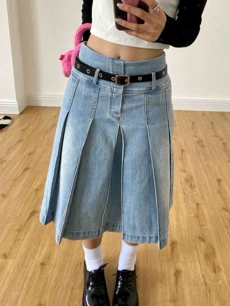 JazzHer- Y2k Streetwear Denim Pleated Skirt Women Vintage Low Waist A-line Distressed Knee-lenght Jeans Skirt Japanese Fashion