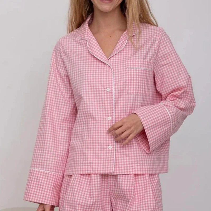 JazzHer Women Lounge 2 Piece Set Home Sleepwear Plaid Pajamas Set Vintage Button Up Blouse Long Sleeve T-shirt Tops + Wide Leg Pants