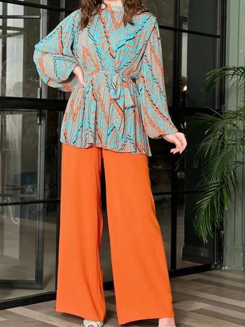 JazzHer Women Matching Set Summer Muslim Two Piece Sets Long Sleeve Tops+loose Pants Set Ladies Musulman Ensembles Maxi Suits 2024