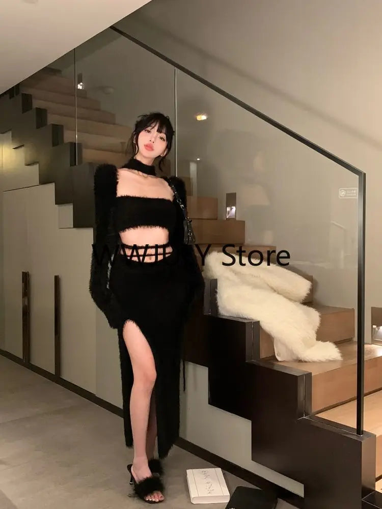 JazzHer Autumn Vintage Black 3 Piece Set Woman Casual Y2k Crop Tops Slim Sexy Midi Skirt Warm Soft Clothing Elegant Korean Suit 2024