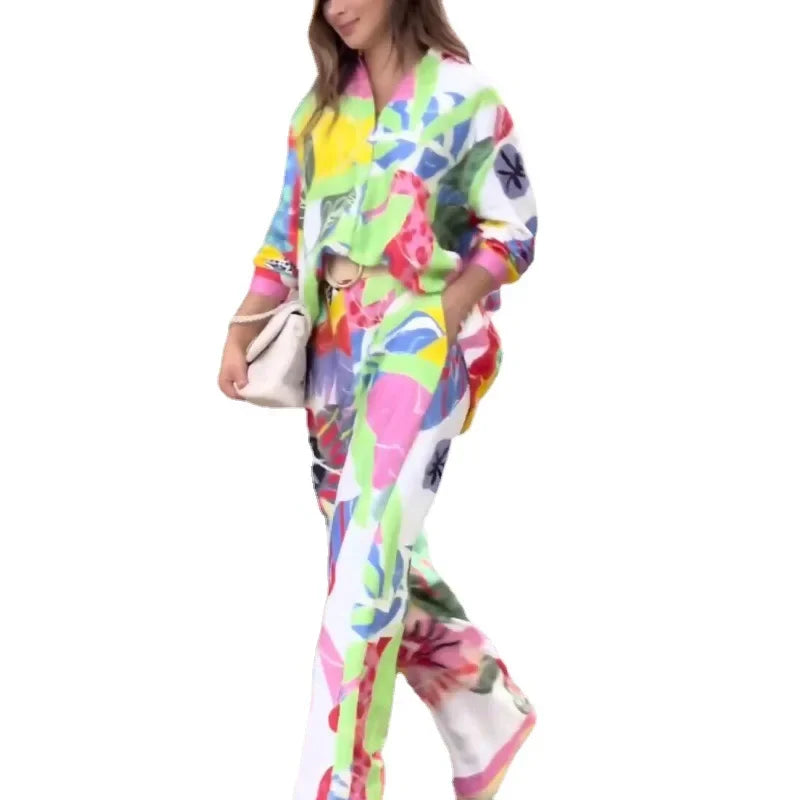 JazzHer Women Two Piece Set Long Sleeve Shirt Suits Floral Print Loose Wide Legs Pants with Pockets Sets High Streetwear 2024 New