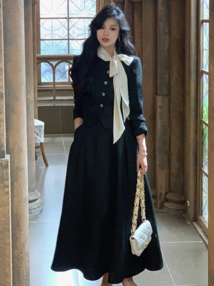 JazzHer 2024 Autumn French Women Blazer Suits Elegant New Lady Long Sleeve Coat Vintage Solid A-line Coat Spring Female Y2k 2 Pieces Set